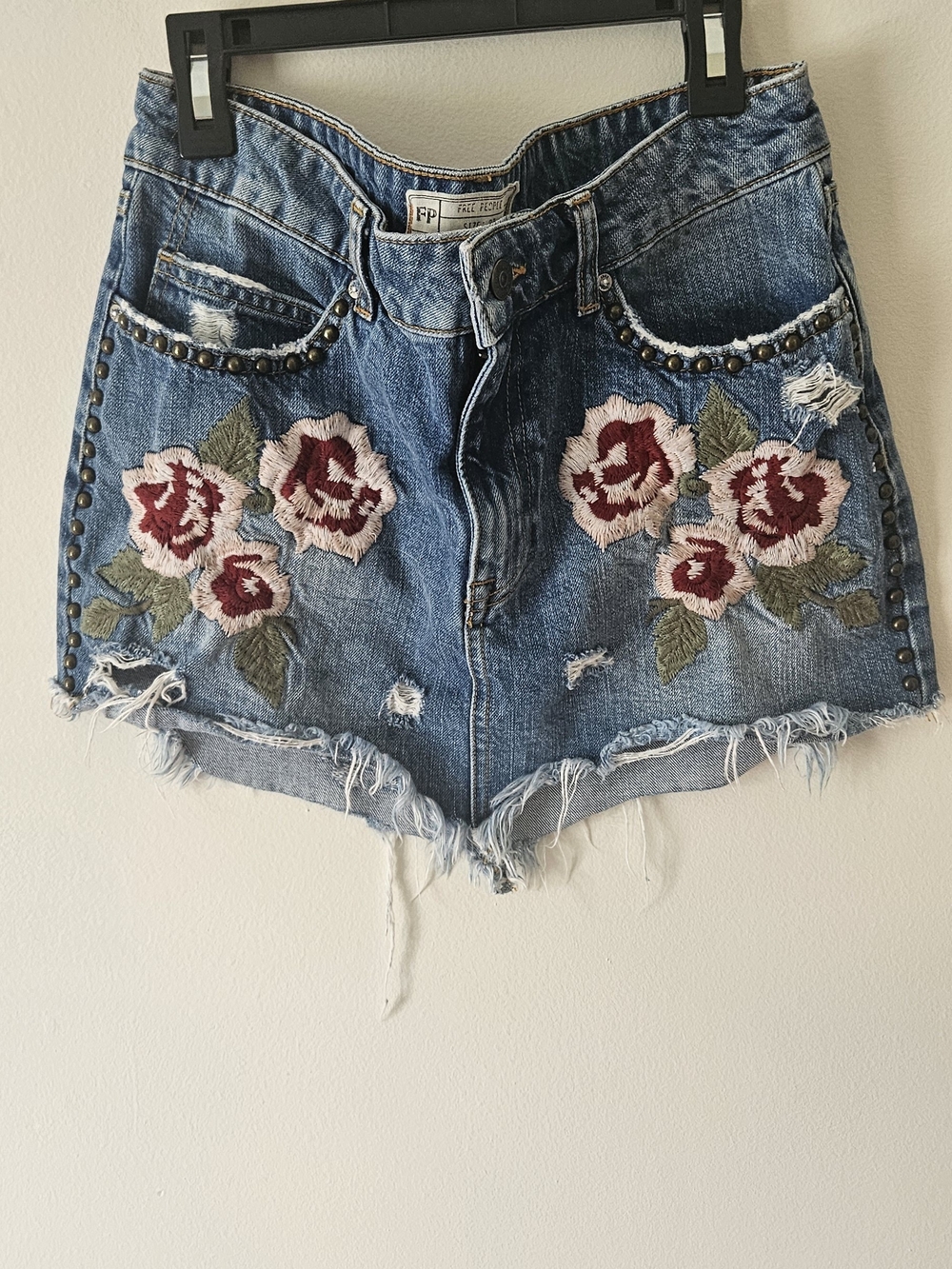 Free Peoplefloral Embroidered Distressed Denim Skirt
